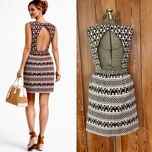 Milly NY Brown Cream Geometric Open Back Sheath Dress Sleeveless Sz 6 💚🎀